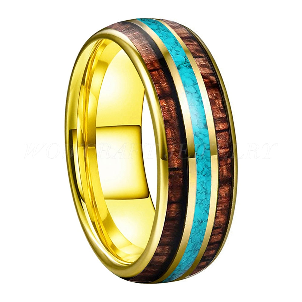 8mm Blue Turquoise & Koa Wood Inlay Gold Tungsten Men's Ring
