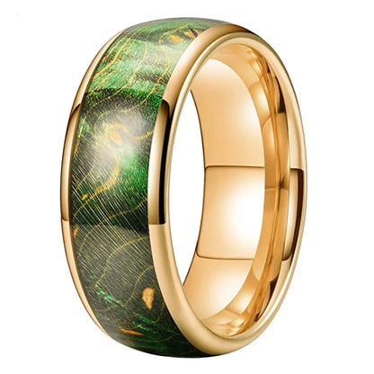 8mm Green Nature Dyed Elder Wood Gold Tungsten Unisex Ring (3 Colors)