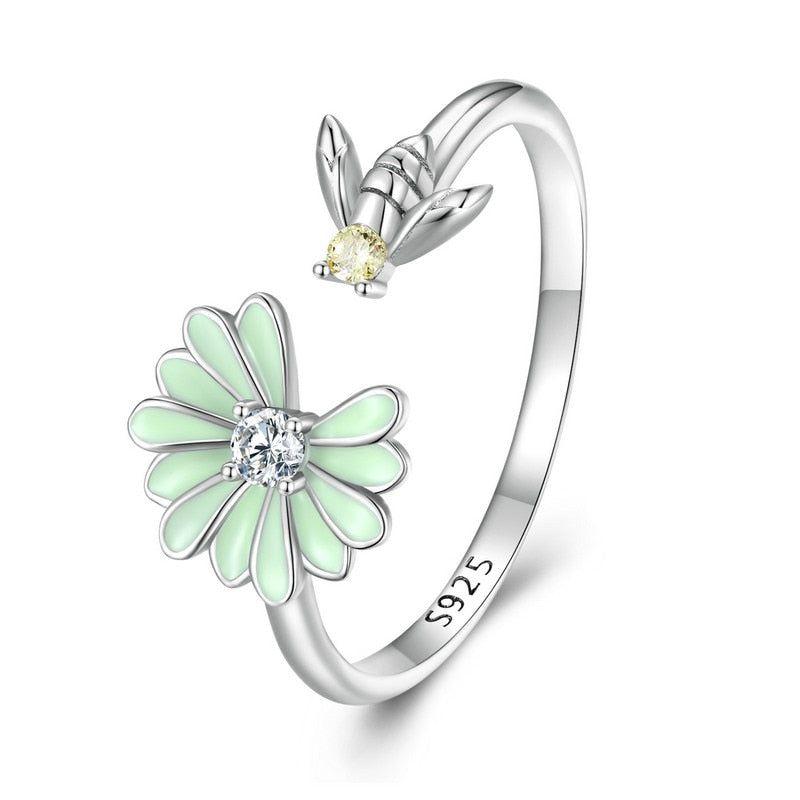 Candy Green Flower & Bumble Bee Spring 925 Sterling Adjustable Women's Ring