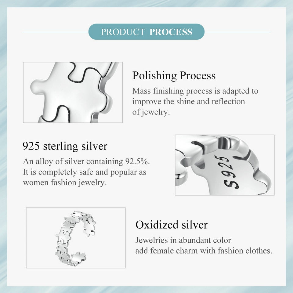 Jigsaw Puzzle Pieces Game Design 925 Sterling Silver Adjustable Women's Ring