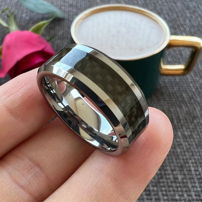 8mm Black Carbon Fiber Polished Gold Tungsten Men's Ring (5 Colors)