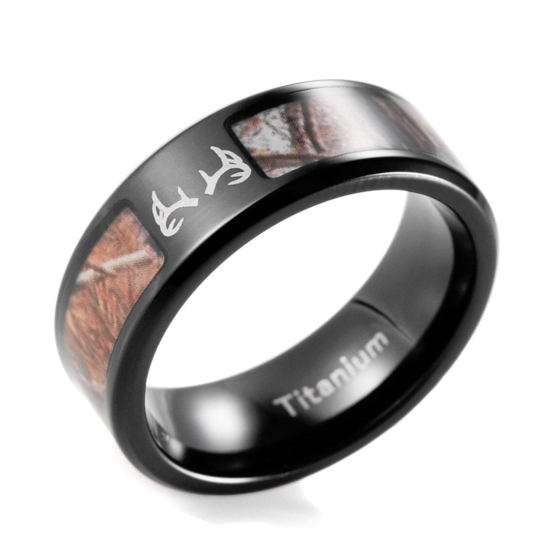 Deer Antler & Camo Design Black Titanium Men's Ring