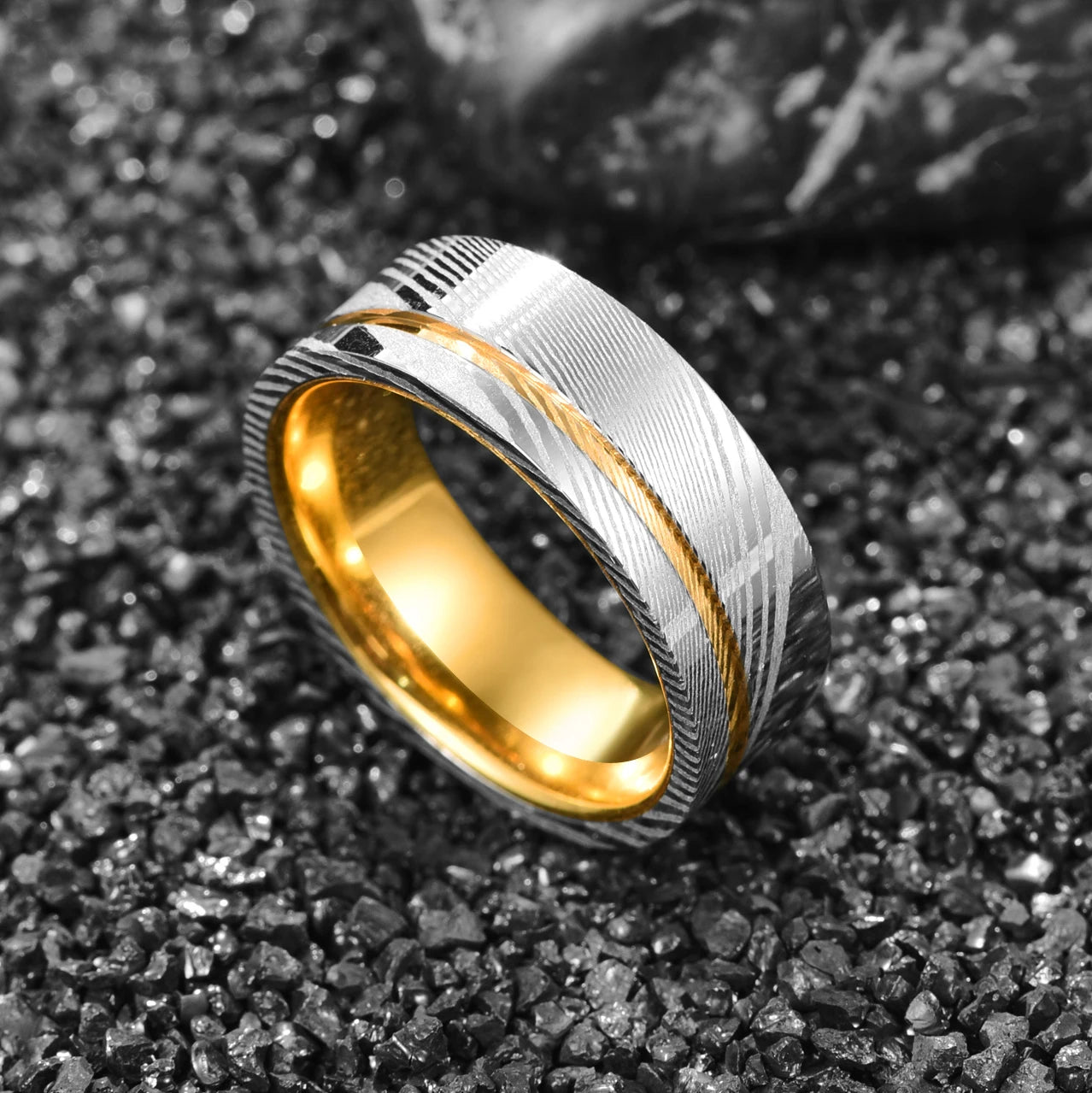 8mm Gold Line & Silver Damascus Steel Men's Ring