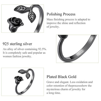 Classic Black Rose 925 Sterling Silver Adjustable Women's Ring