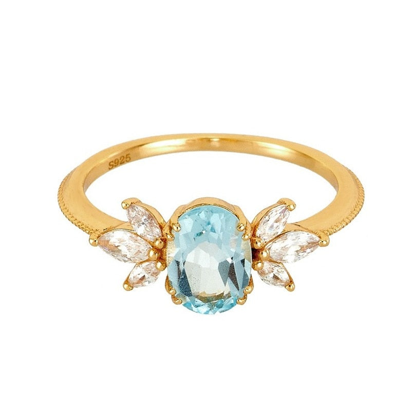 18k Gold Oval Cut Blue Topaz 925 Sterling Silver Plated Women's Ring