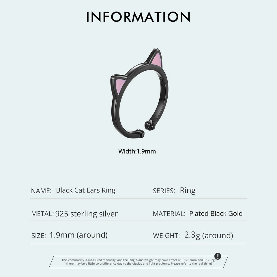 Cute Black Cat Pink Ears 925 Sterling Silver Adjustable Women's Ring