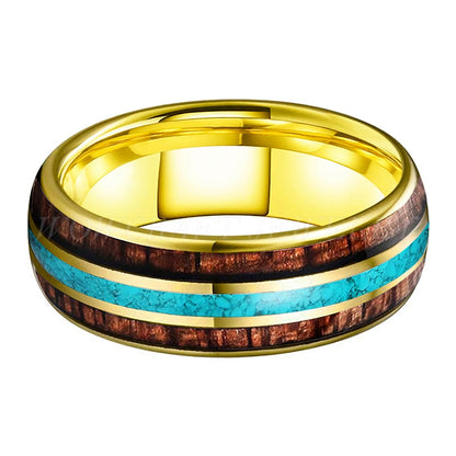 8mm Blue Turquoise & Koa Wood Inlay Gold Tungsten Men's Ring