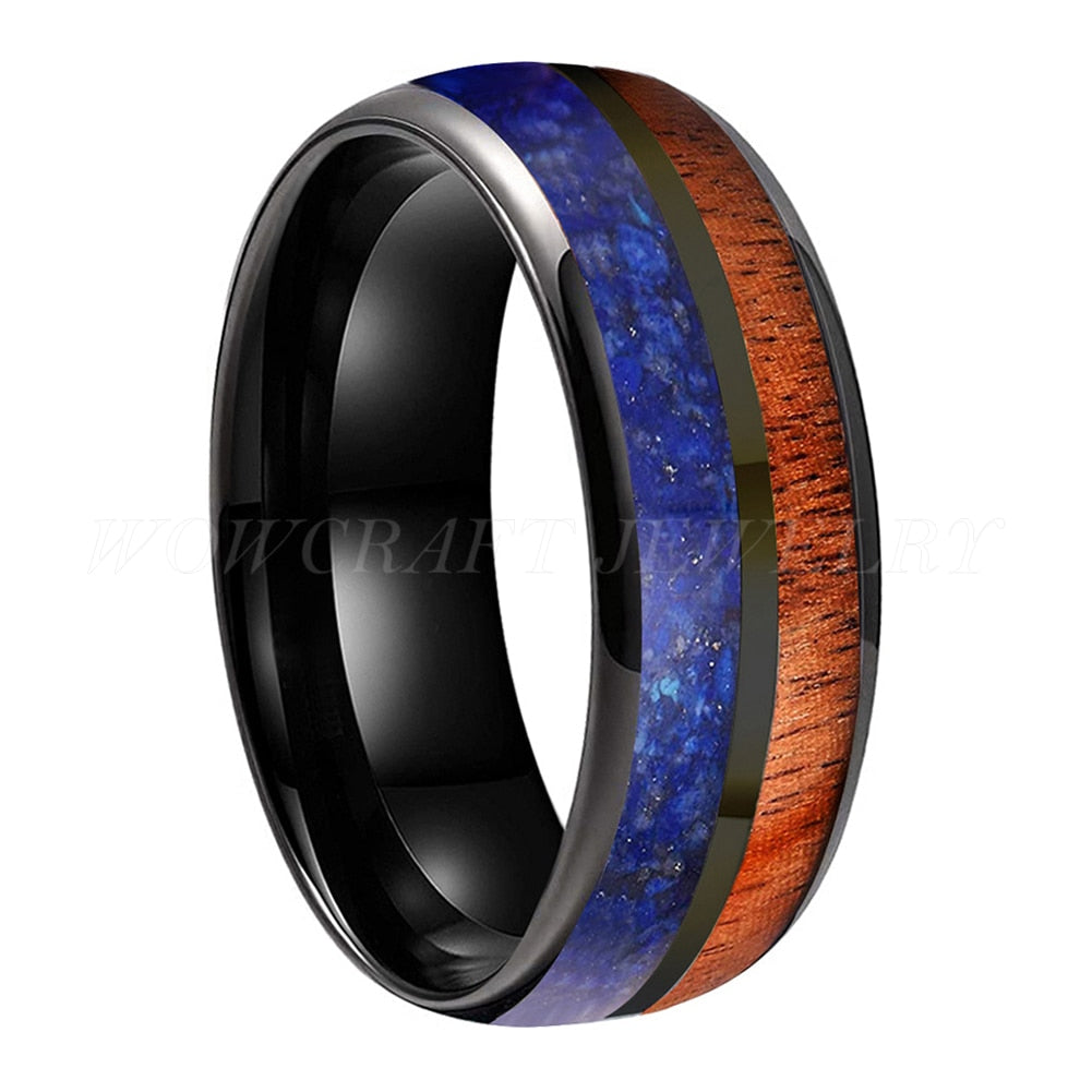 8mm Koa Wood & Lapis Lazuli Inlay Dome Black Tungsten Men's Ring