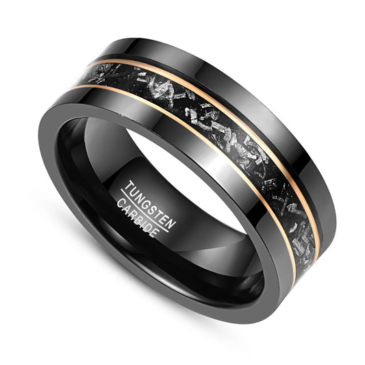 8mm Meteorite Inlay & Rose Gold Line Black Tungsten Men's Ring
