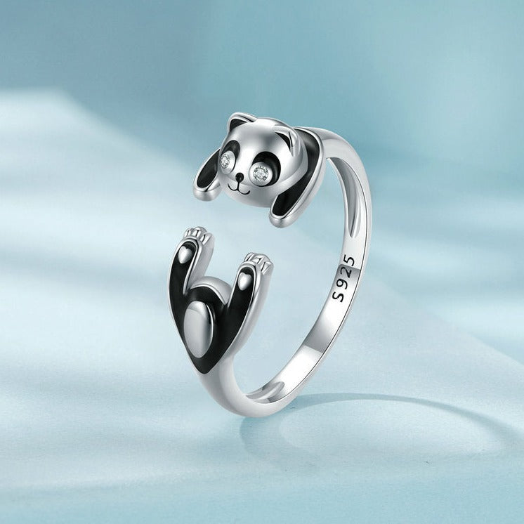 Cute Black & White Panda Animal 925 Sterling Silver Adjustable Women's Ring