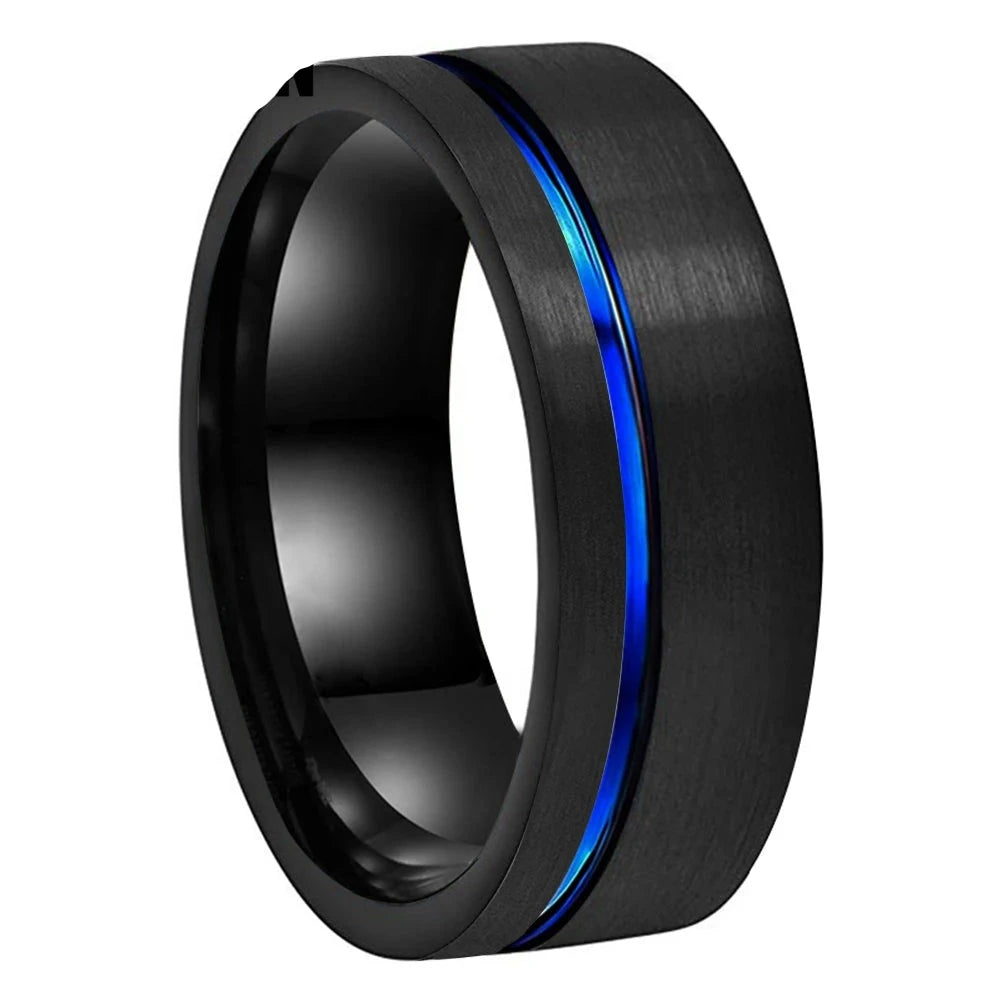 8mm Blue Offset Grooved Black & Silver Two Tone Tungsten Men's Ring (3 Styles)