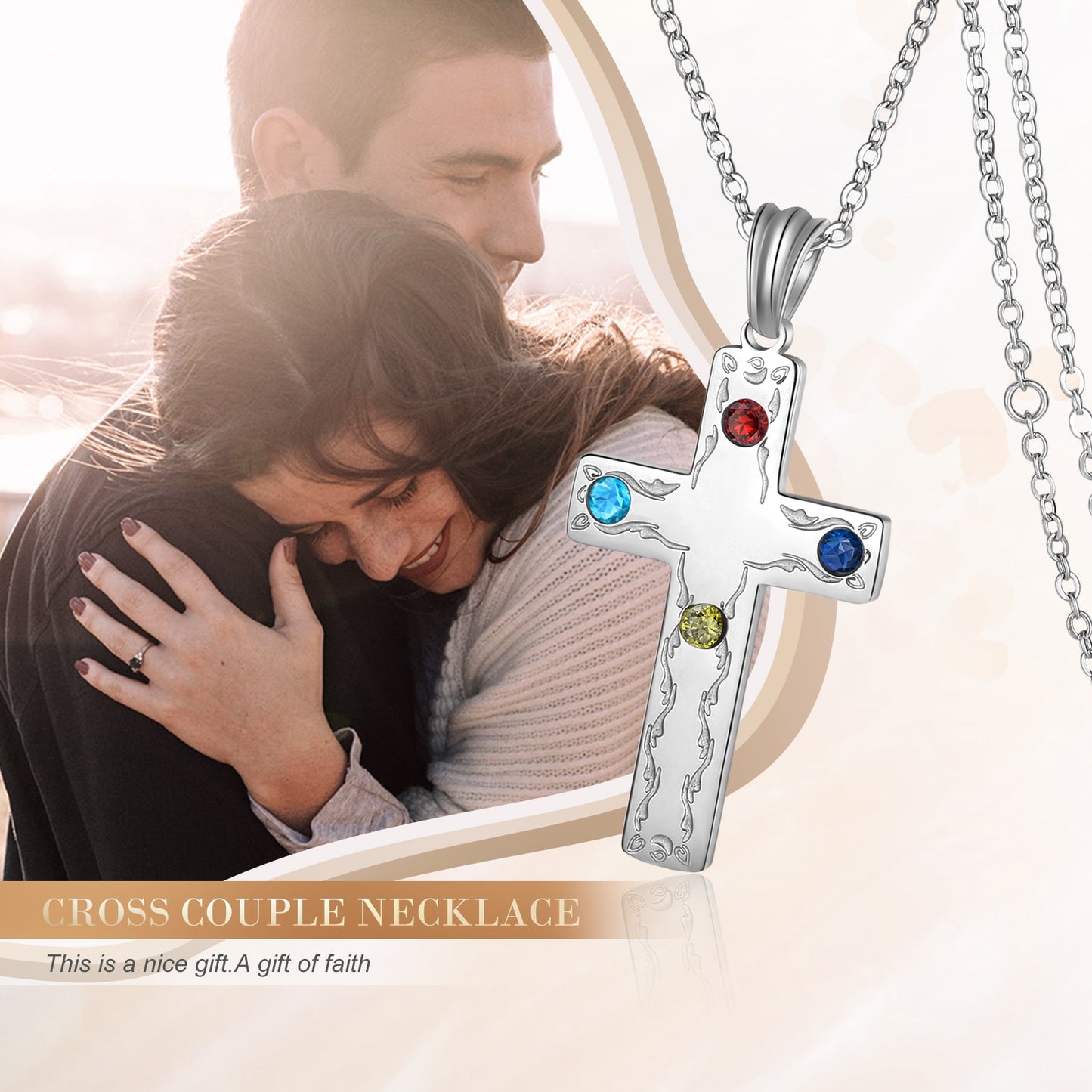 Personalized Inlaid 4 Birthstones Stainless Steel Cross Unisex Necklace