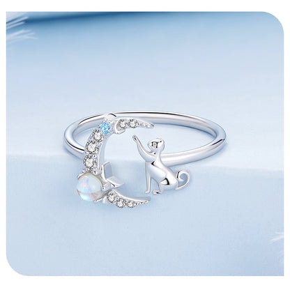 Cute Cat Playing Moon 925 Sterling Silver Moonstone Women's Ring