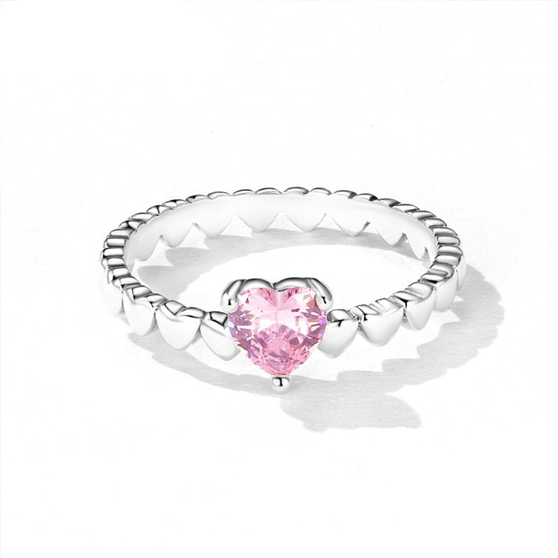 Delicate Pink Zircon Heart 925 Sterling Silver Women's Rings (3 Styles)