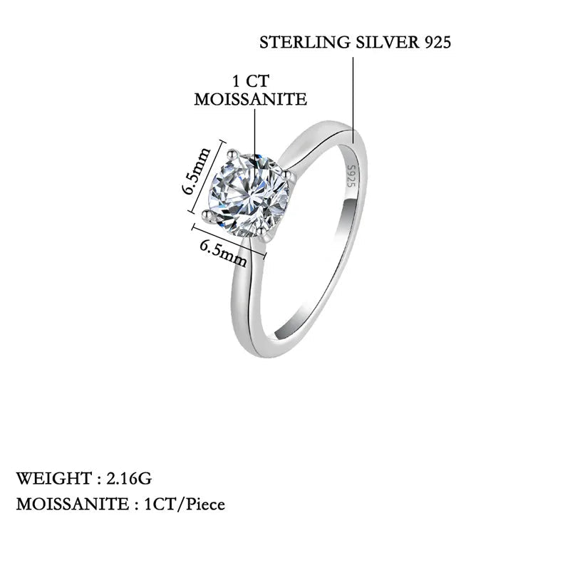 Silver ring with moissanite gemstone on a white background