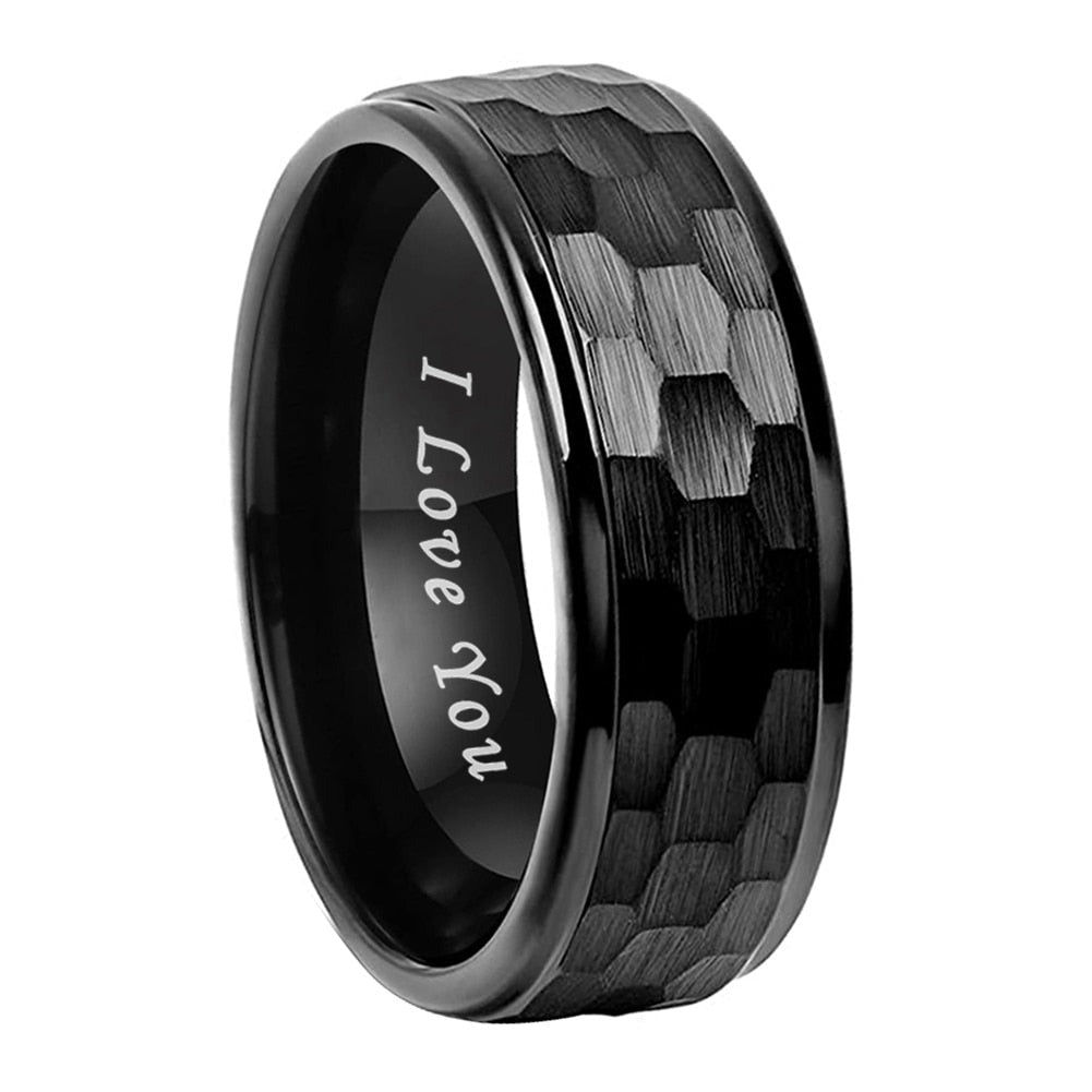 6mm & 8mm Hammered I Love You Engraved Tungsten Unisex Rings