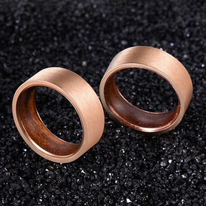 8mm Matte Sandblasted Rose Gold & Teak Wood Tungsten Men's Ring