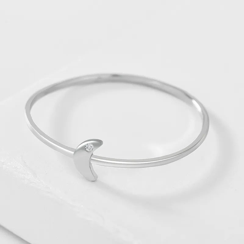 Simple Crescent Moon With Clear Round CZ Stone 925 Sterling Silver Women's Ring