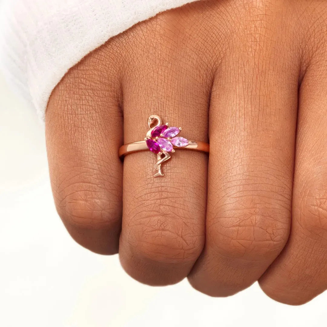 Dainty Pink Flamingo 925 Sterling Silver Rose Gold Women's Ring