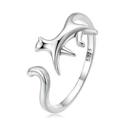 Simple Cute Funny Cat Animal 925 Sterling Silver Adjustable Women's Ring