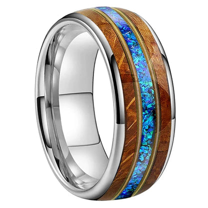 8mm Guitar String, Blue Opal Inlay & Whisky Wood Gold Tungsten Unisex Ring (3 Colors)