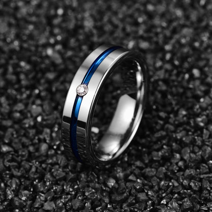 6mm Blue Groove Inlaid & Cubic Zirconia Silver Tungsten Men's Ring