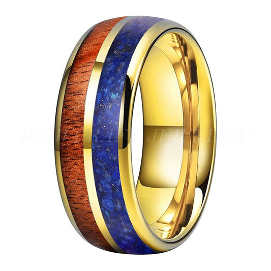 8mm Koa Wood Lapis Lazuli Inlay Gold Color Men's Ring
