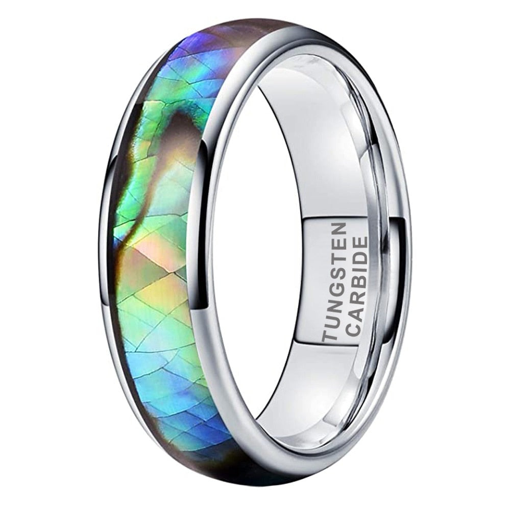 6mm Domed Abalone Shell Inlay & Polished Silver Tungsten Unisex Rings