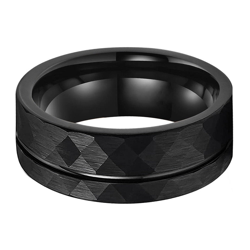 8mm Hammered Groove Inlay Black Tungsten Men's Ring