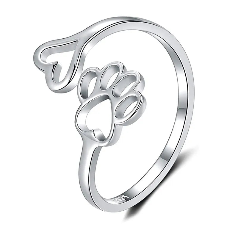 Paw Print & Love Heart Dog Cat Pets 925 Sterling Silver Adjustable Women's Ring