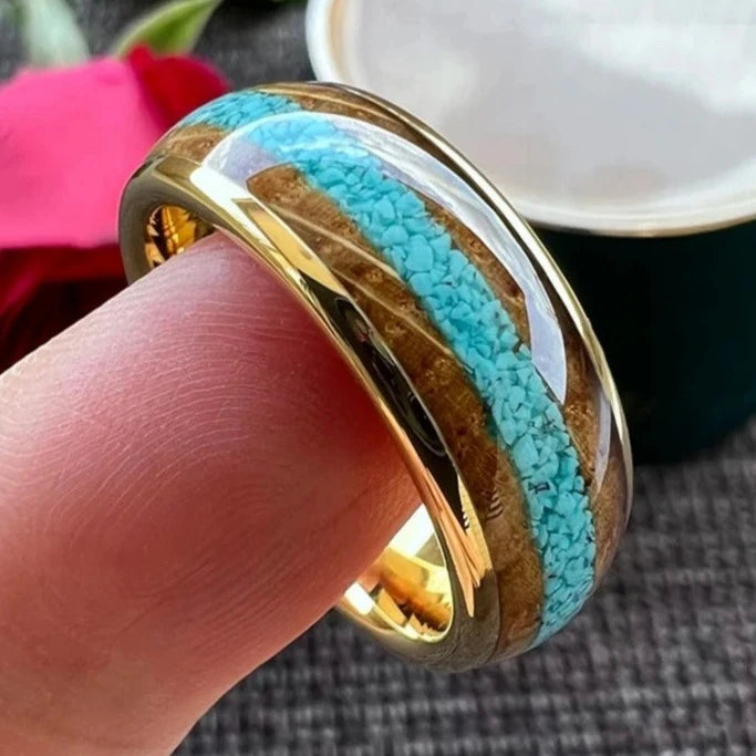 8mm Crushed Turquoise With Whisky Wood Inlay Dome Polished Men's Ring (4 Colors)