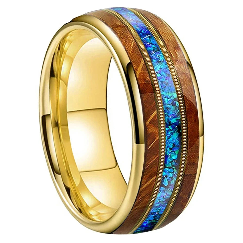 8mm Guitar String, Blue Opal Inlay & Whisky Wood Gold Tungsten Unisex Ring (3 Colors)