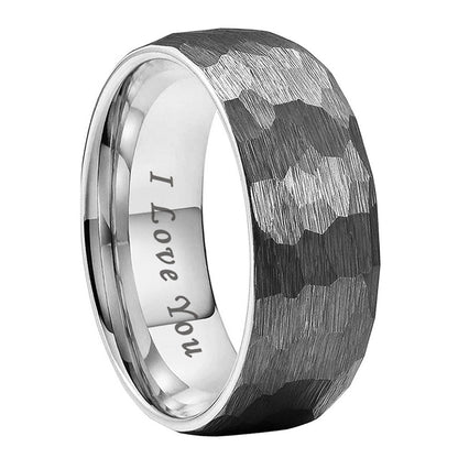 4mm, 6mm, 8mm I Love You Engraved Hammered Silver Tungsten Unisex Ring