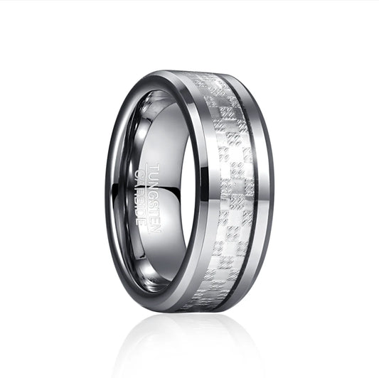 8mm Checkered Metal Inlay Silver Tungsten Men's Ring