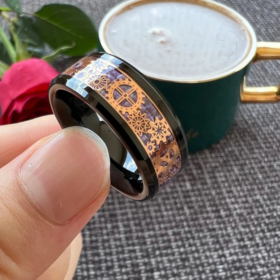 6mm, 8mm Rose Gold Steampunk Gear Inlay Black Tungsten Unisex Rings