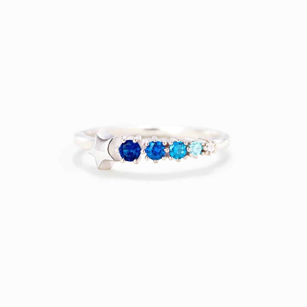 Silver Star & Blue Round Cubic Zirconias 925 Sterling Silver Women's Ring