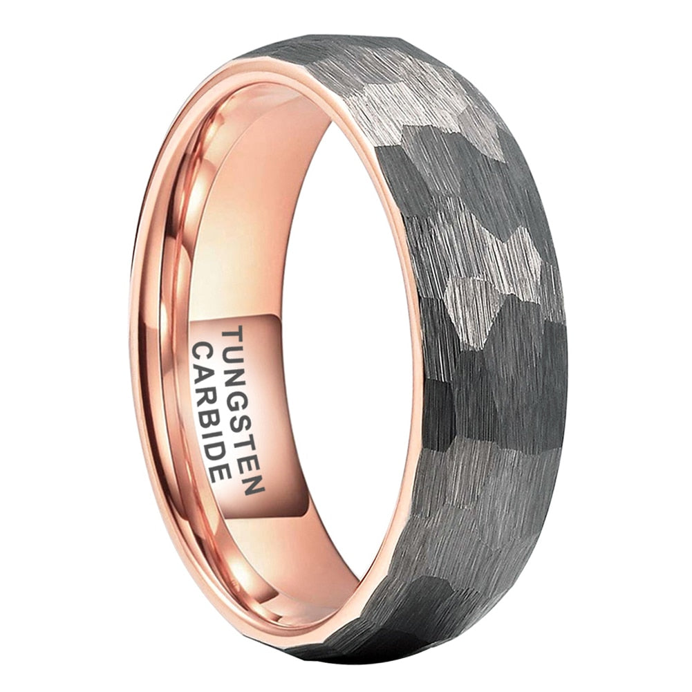 4mm, 6mm, 8mm Hammered Silver & Rose Gold Tungsten Men's Ring
