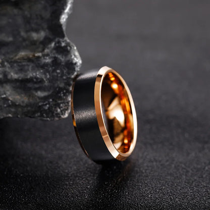 8mm Black Brushed Beveled Polished Cut Edge Rose Gold Men's Ring