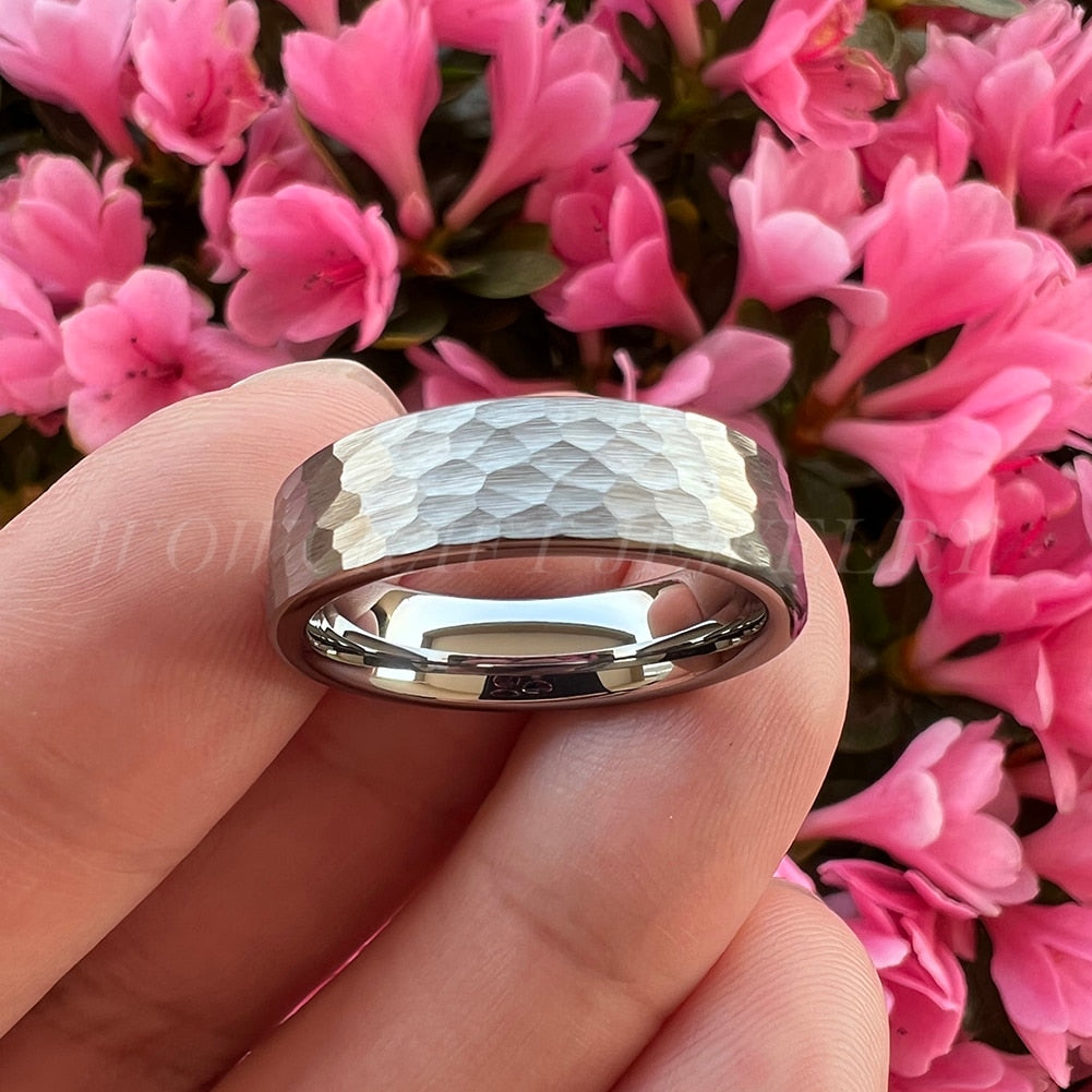 6mm, 8mm Flat Hammered Silver Tungsten Unisex Ring