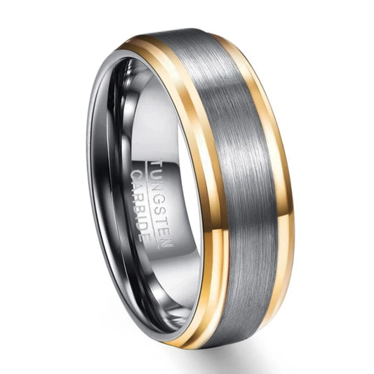 8mm Brushed Metallic Silver & Golden Edge Tungsten Unisex Ring