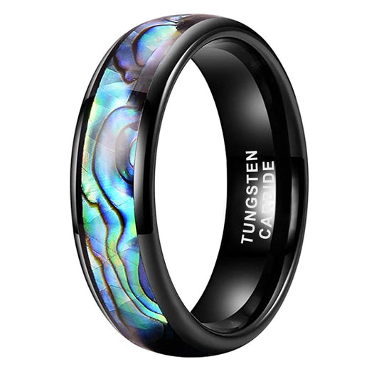 6mm Domed Abalone Shell Inlay & Polished Black Tungsten Unisex Rings