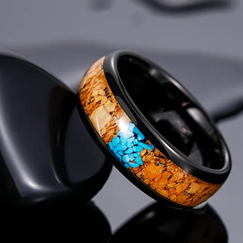 8mm Wood & Turquoise Inlay Black Tungsten Unisex Rings