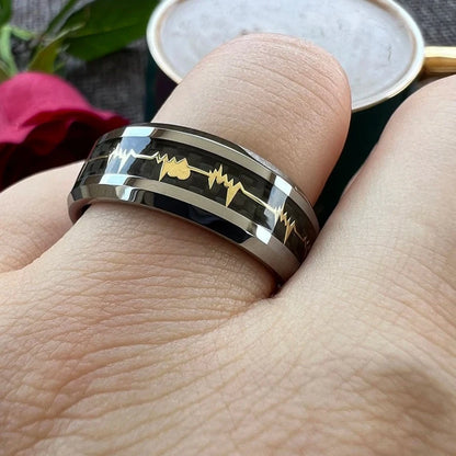 8mm Gold Heartbeat EKG Love Carbon Fibre Inlay Tungsten Unisex Ring (2 Colors)