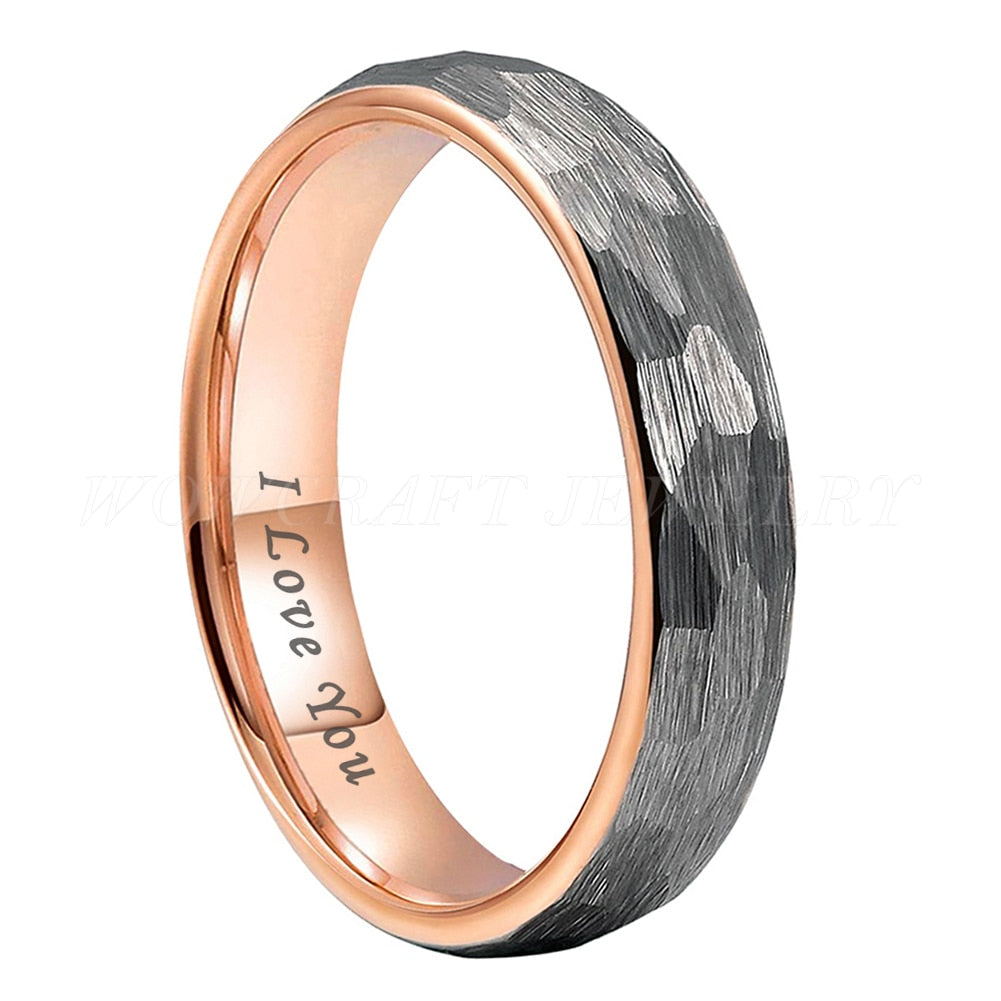 4mm, 6mm, 8mm I Love You Engraved Hammered Rose Gold Tungsten Unisex Ring