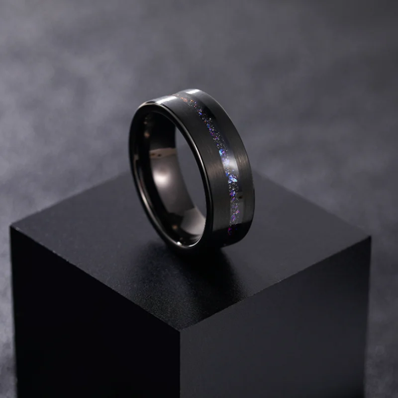 8mm Galaxy Sand & Copper Slag Inlay Black Tungsten Men's Ring