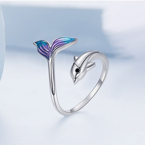 Dolphin With Cute Colored Tail 925 Sterling Silver Adjustable Women's Ring