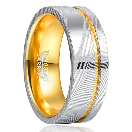 8mm Gold Line & Silver Damascus Steel Men's Ring