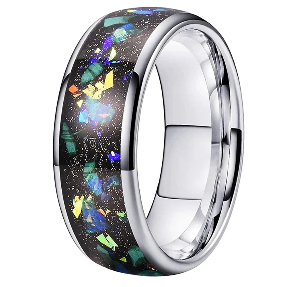8mm Universe Large Particle Opal Fragments Black Tungsten Unisex Ring (3 Styles)