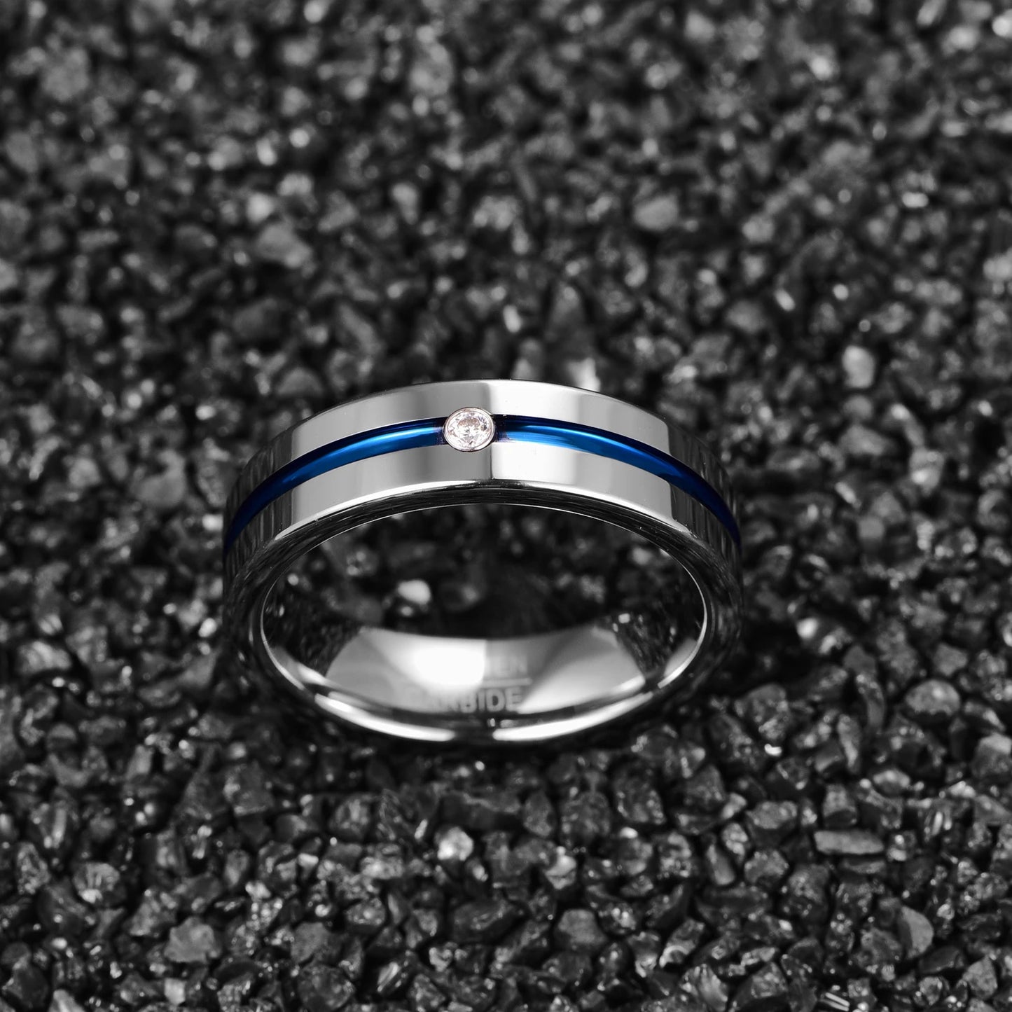 6mm Blue Groove Inlaid & Cubic Zirconia Silver Tungsten Men's Ring