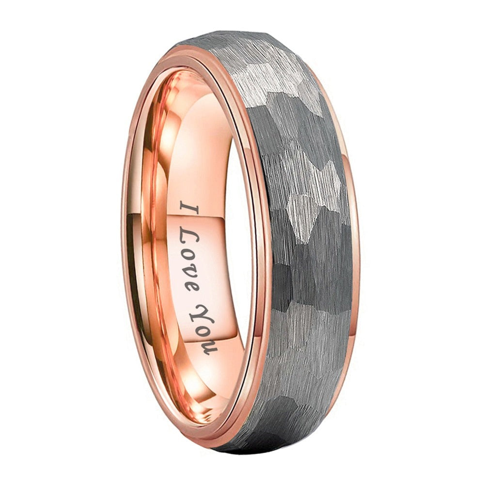 6mm, 8mm I Love You Engraved Hammered Rose Gold Tungsten Unisex Ring